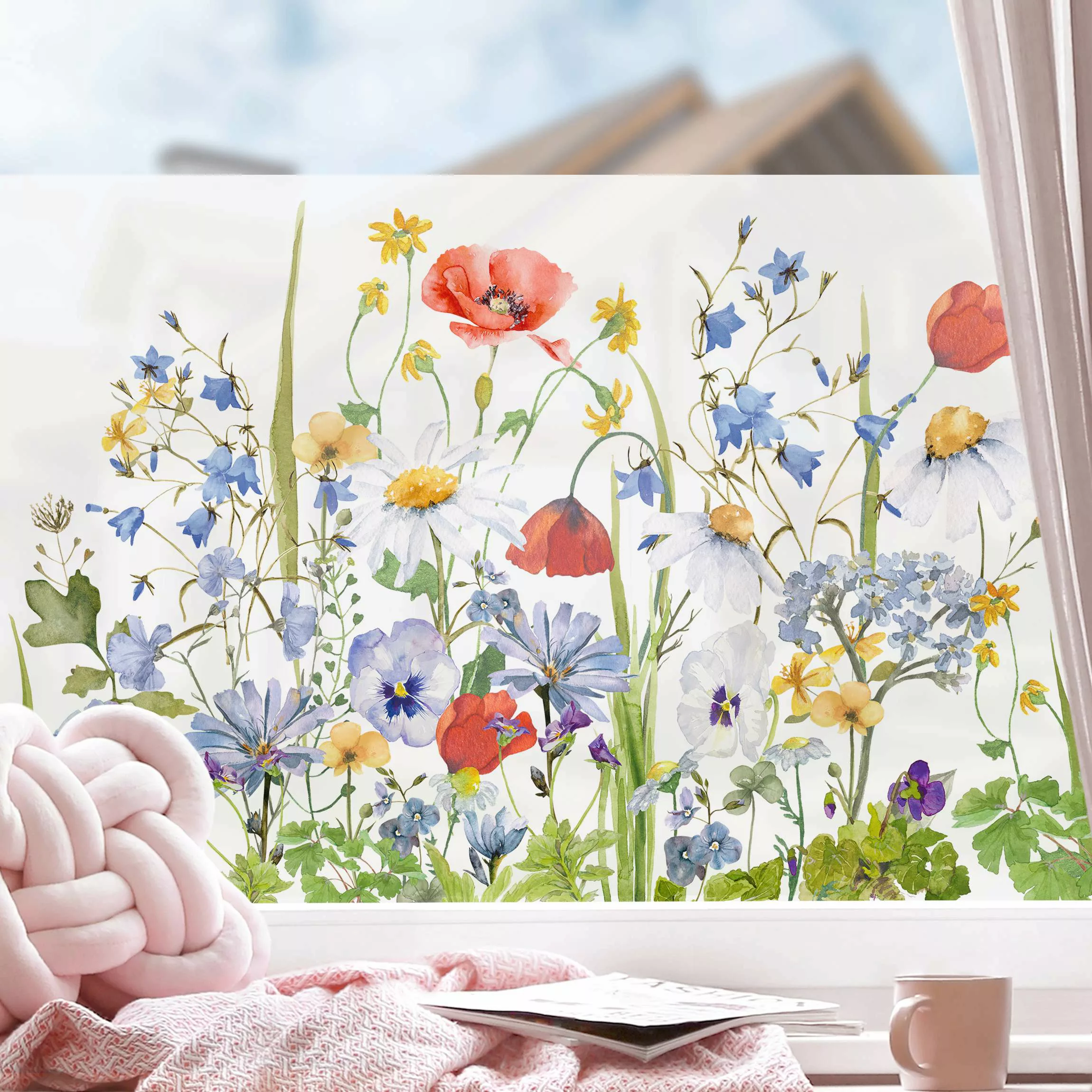 Fensterfolie Aquarellierte Blumenwiese mit Mohn günstig online kaufen