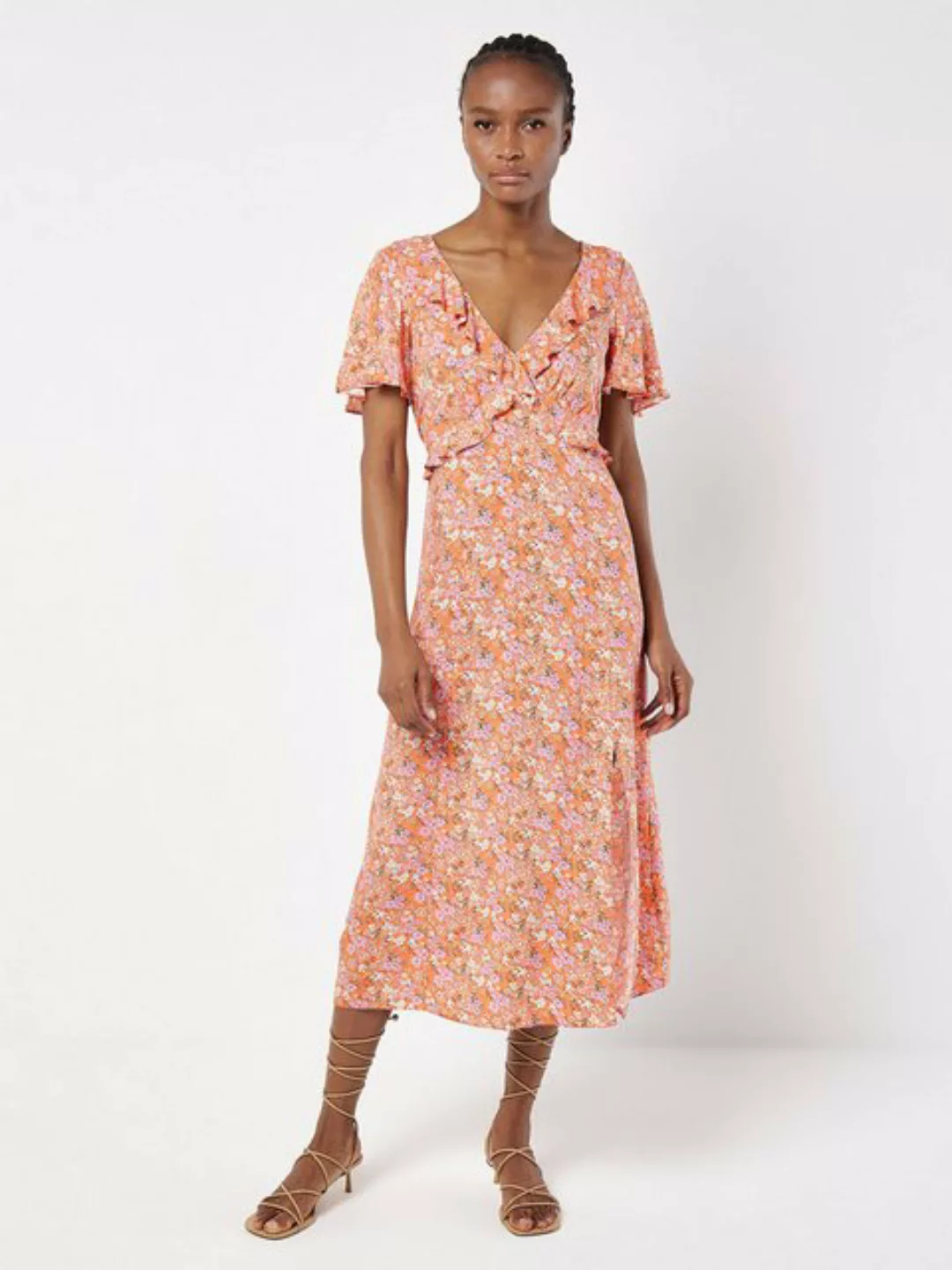Apricot Sommerkleid geblümt, mit Rüschen am Ausschnitt günstig online kaufen