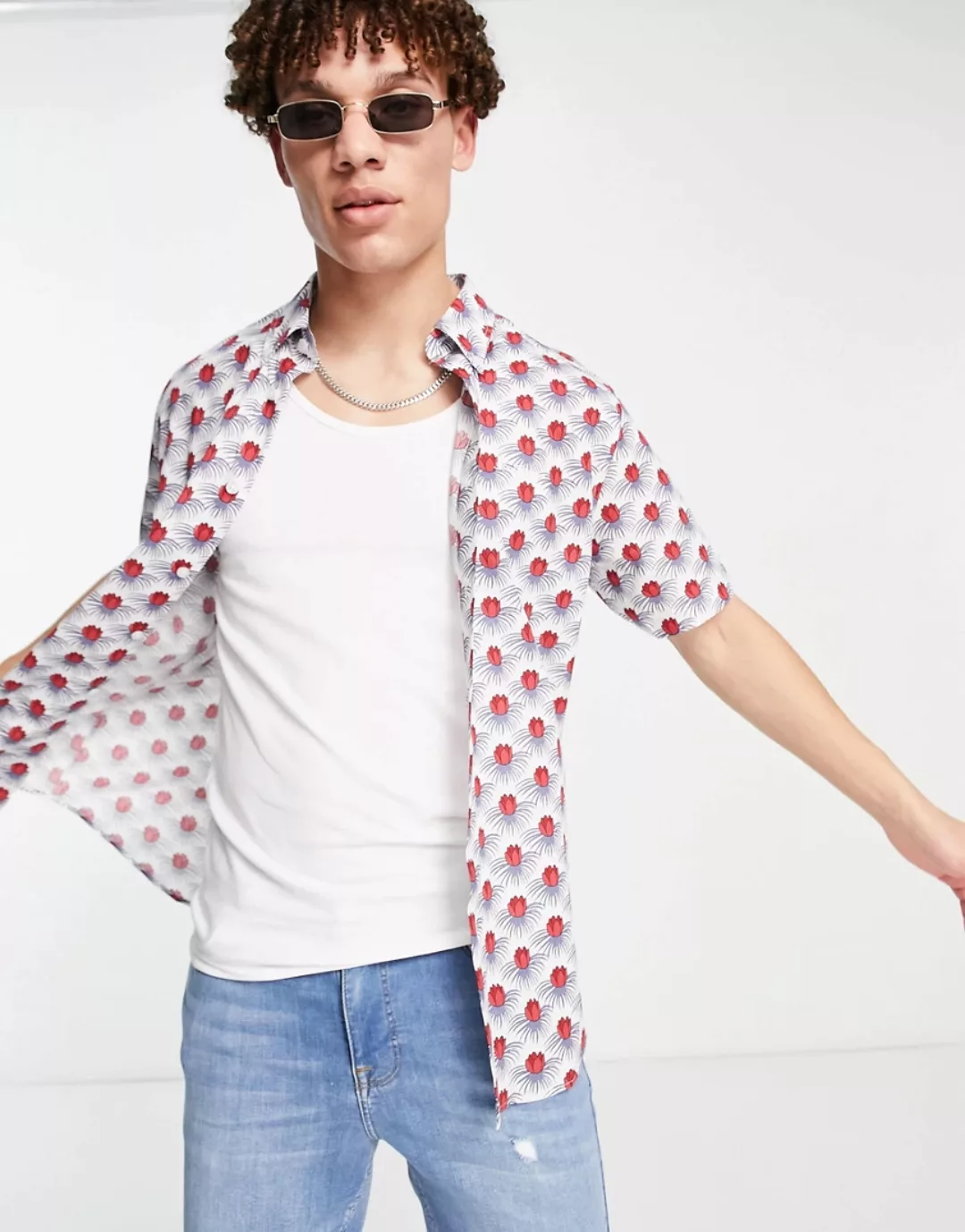 Ben Sherman – Kurzärmliges Hemd mit roten Blumen-Weiß günstig online kaufen