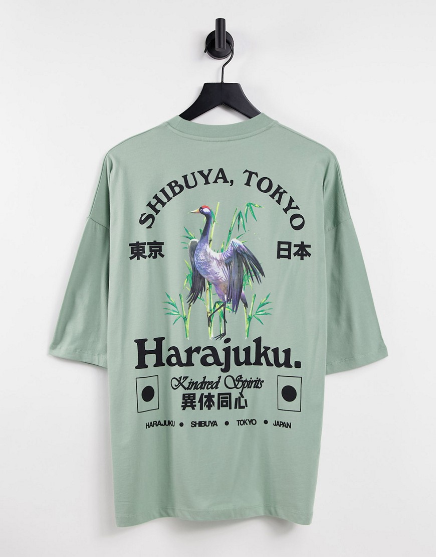 ASOS DESIGN – Oversize-T-Shirt in Grün mit Souvenir-Print auf Brust und Rüc günstig online kaufen