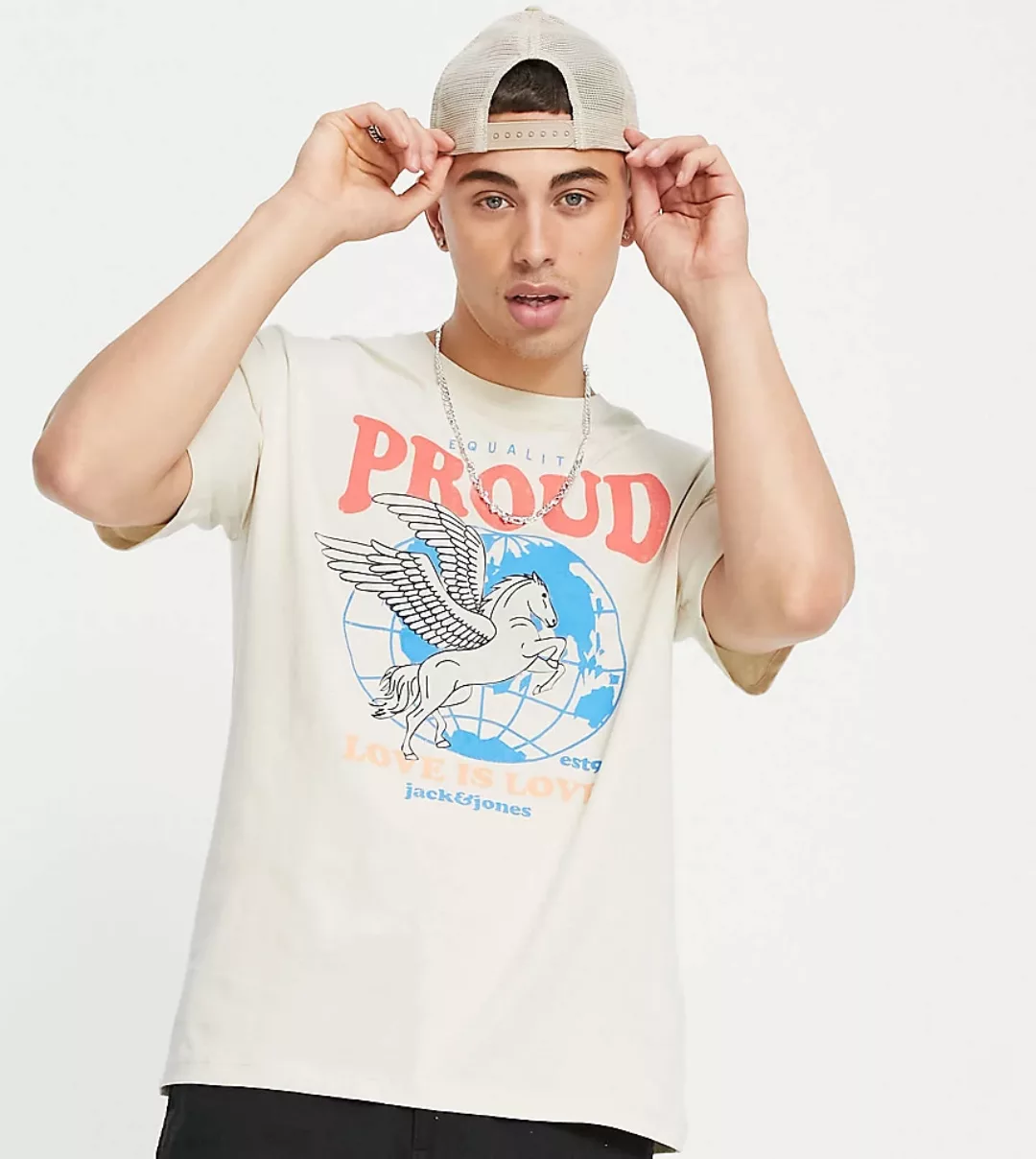 Jack & Jones – Originals Pride – Oversized-T-Shirt in Beige mit Pegasus-Pri günstig online kaufen