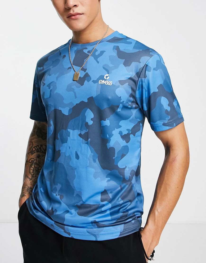 Gym 365 – Sport-T-Shirt in Blau mit Military-Muster günstig online kaufen