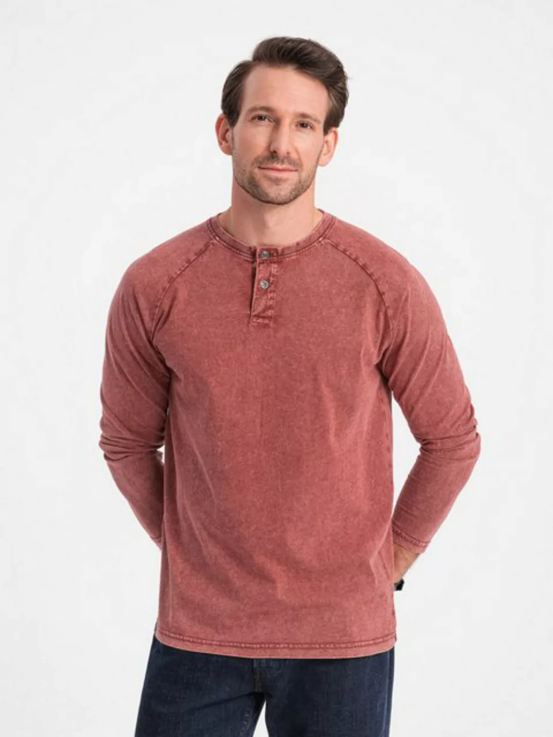 OMBRE Longsleeve Gewaschenes Henley-Longsleeve für Herren mit Raglanärmeln günstig online kaufen