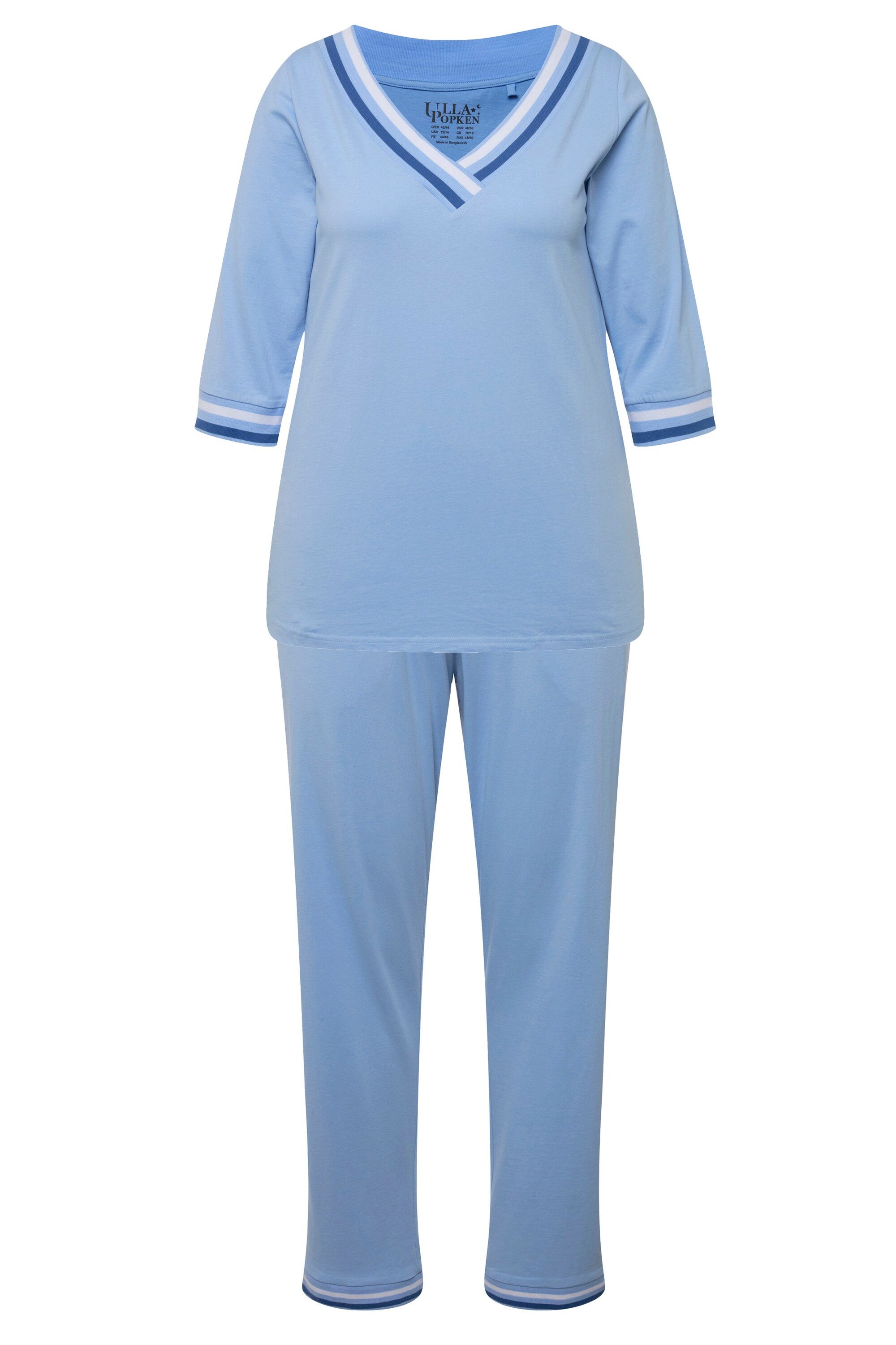 Ulla Popken Pyjama Schlafanzug Streifendetails V-Ausschnitt günstig online kaufen