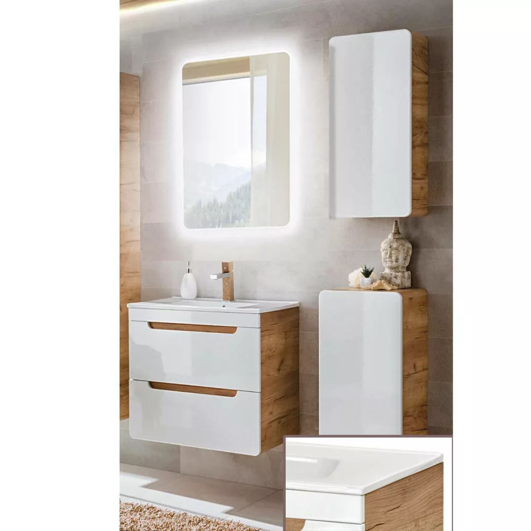 Lomadox Badezimmermöbel Set weiß Hochglanz mit Wotaneiche  inkl. 60 cm Kera günstig online kaufen