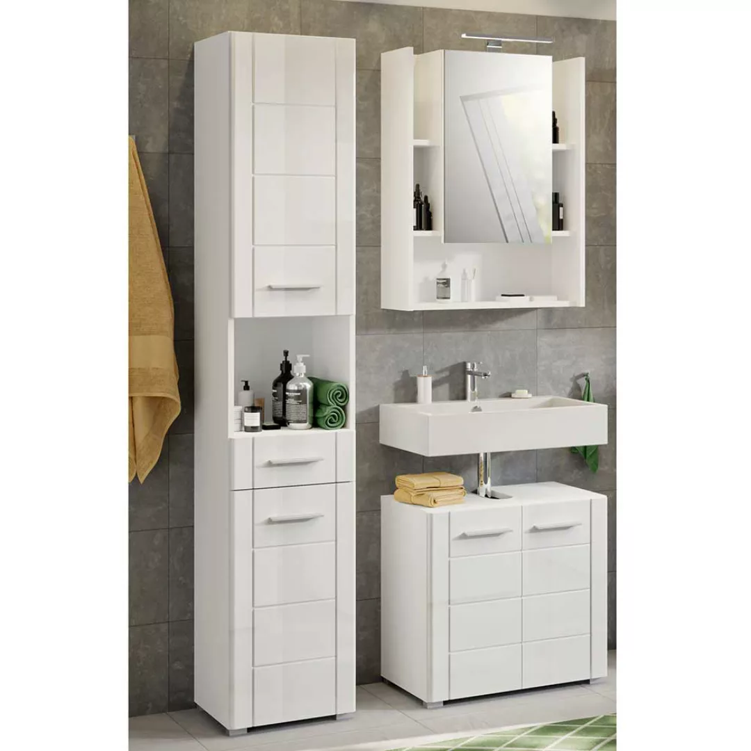 Badmöbel Set mit Spiegelschrank in Weiß Hochglanz (dreiteilig) günstig online kaufen