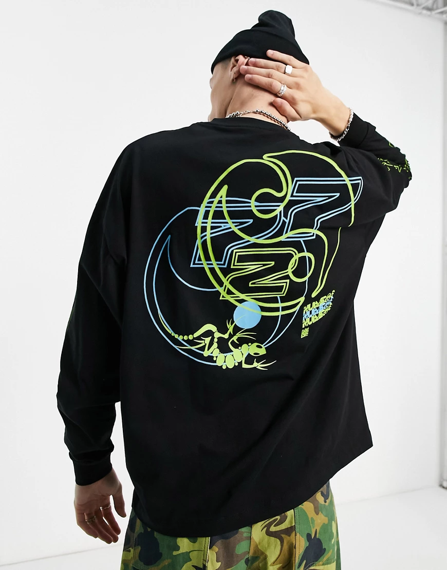 ASOS DESIGN – Langärmliges Oversize-Shirt in Schwarz mit Grafik am Rücken u günstig online kaufen