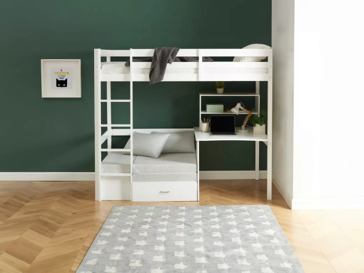 Hochbett mit Schreibtisch, Schlafsofa & Stauraum + Matratze - 90 x 200 cm - günstig online kaufen