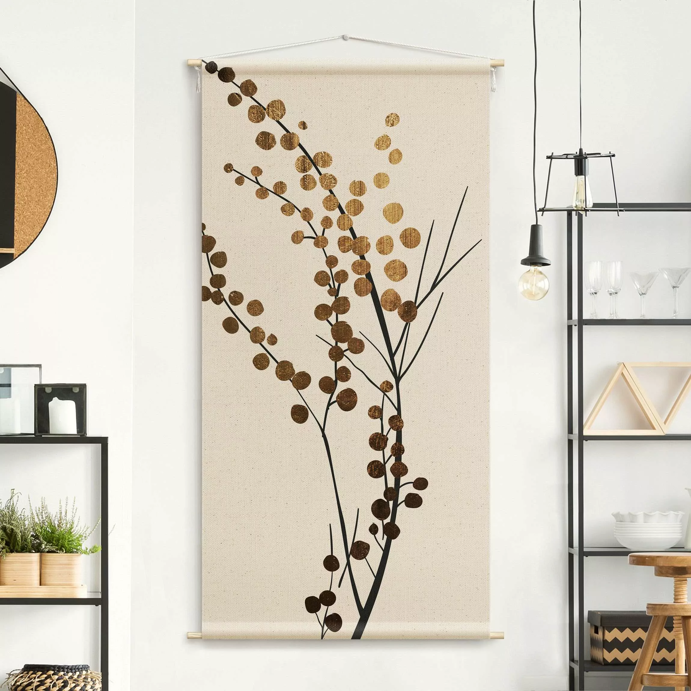 Wandteppich Grafische Pflanzenwelt - Beeren Gold günstig online kaufen