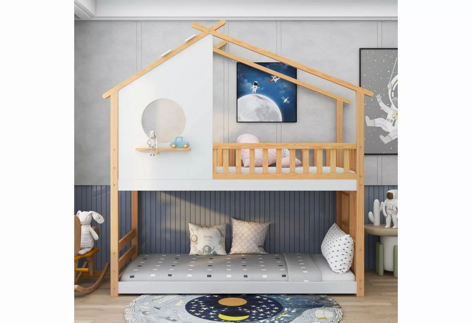 Flieks Etagenbett, Hausbett Kinderbett Massivholzbett Kiefer 200x90cm günstig online kaufen