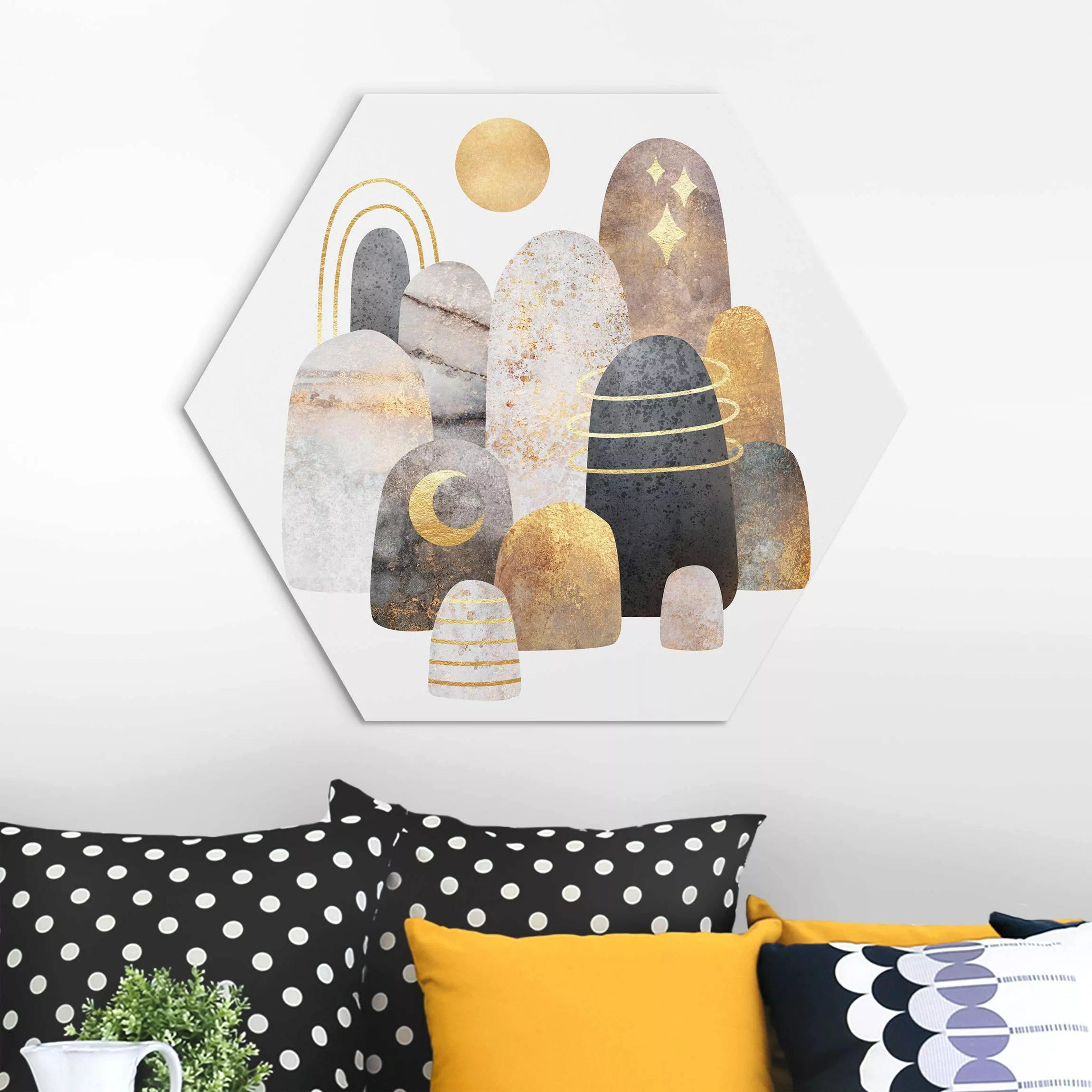 Hexagon-Alu-Dibond Bild Gold Berge mit Mond günstig online kaufen