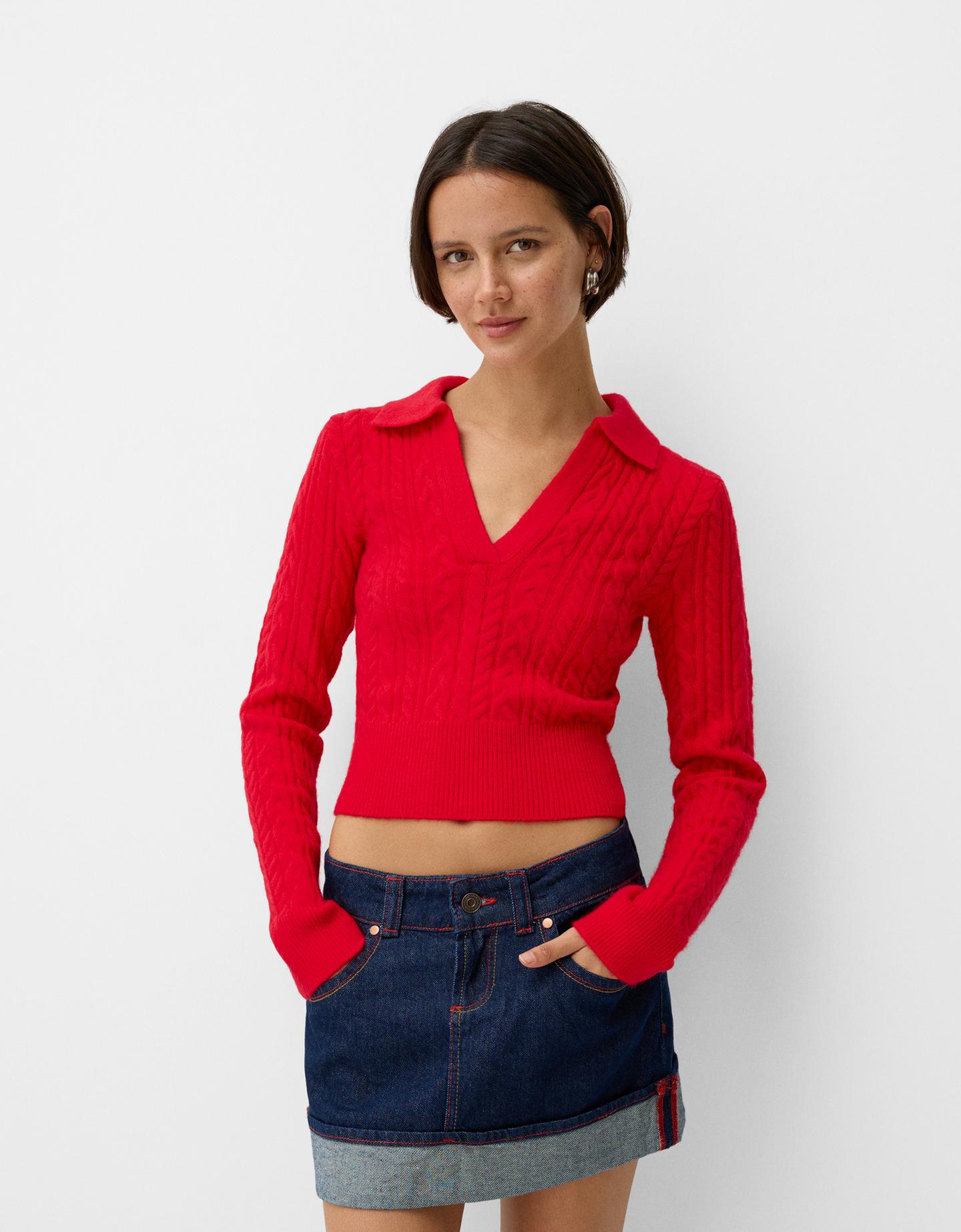 Bershka Pullover Mit Polokragen Und Flechtmuster Damen M Rot günstig online kaufen