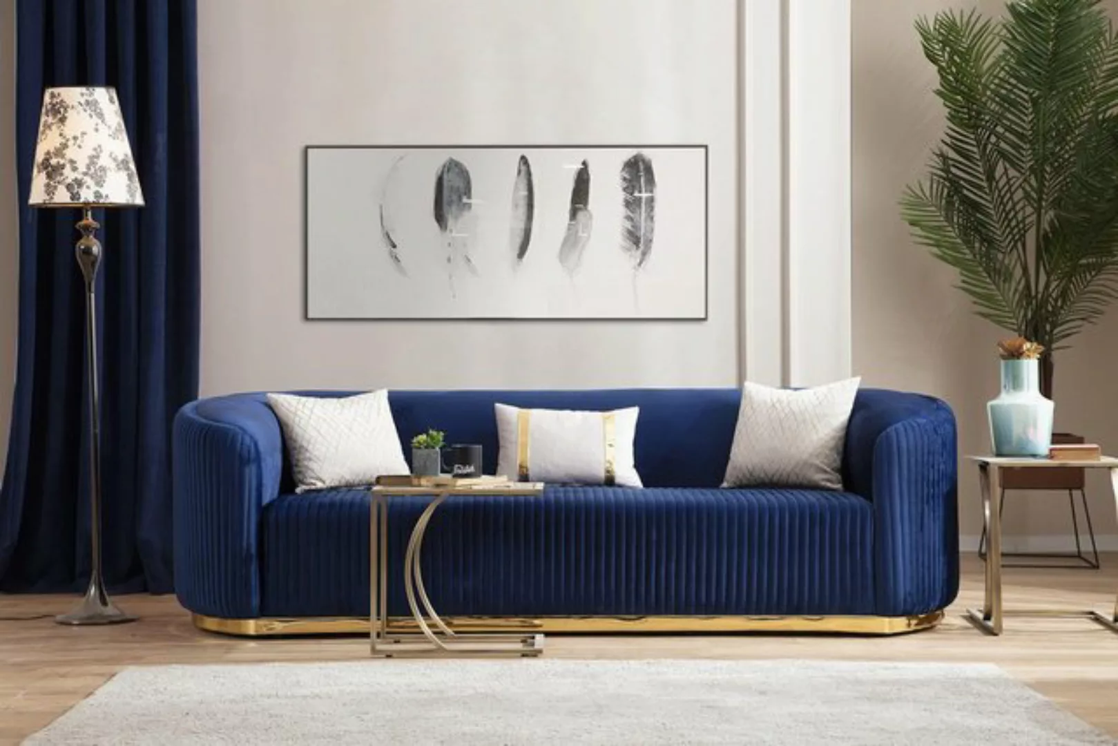 JVmoebel 3-Sitzer Edelstahl Dreisitzer Sofa Blau Wohnzimmermöbel Polstersof günstig online kaufen