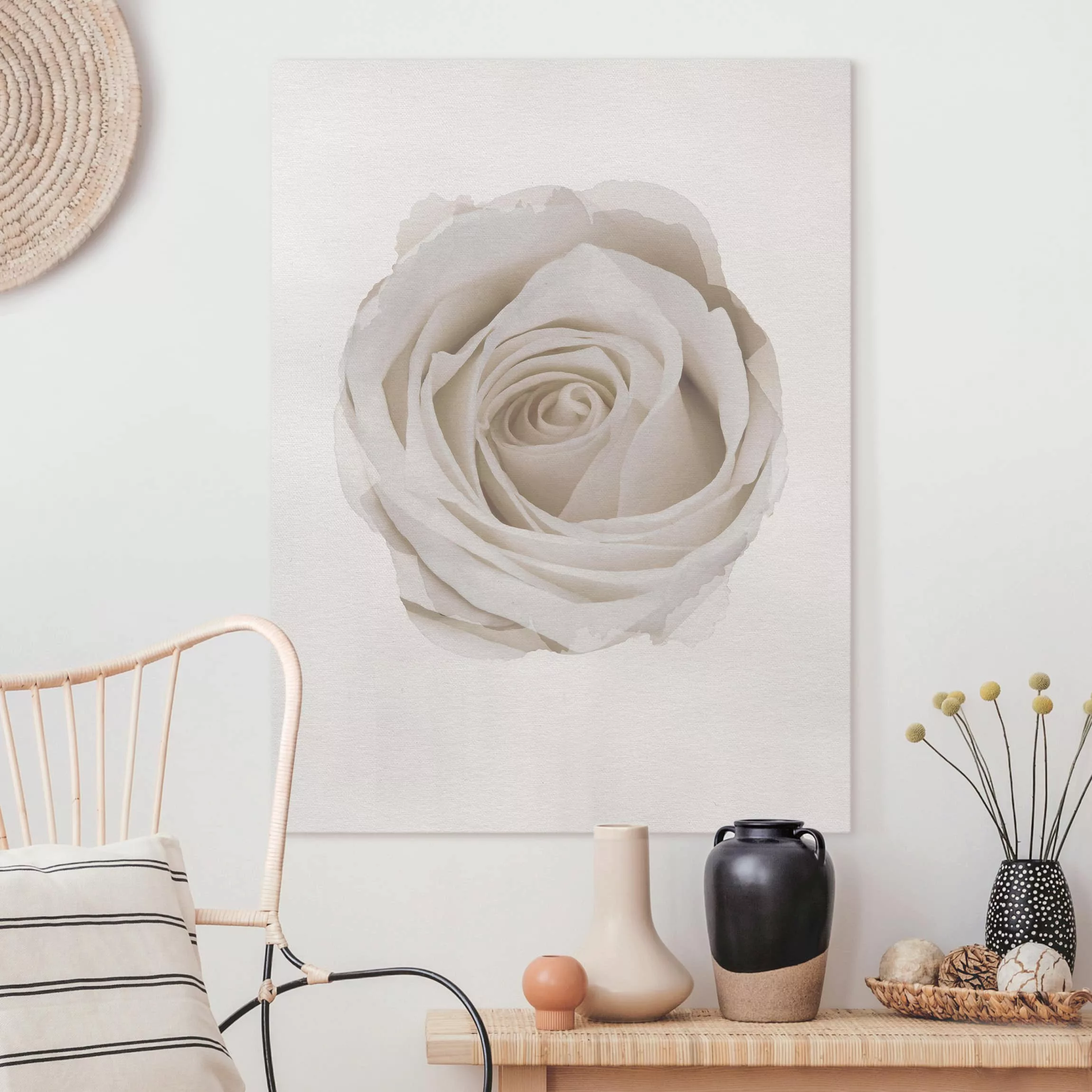 Leinwandbild Blumen - Hochformat Wasserfarben - Pretty White Rose günstig online kaufen