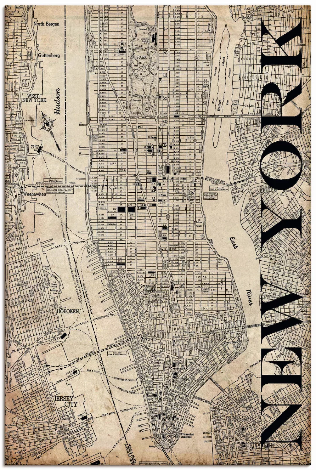 Artland Wandbild "New York Karte Straßen Karte Grunge", Amerika, (1 St.) günstig online kaufen