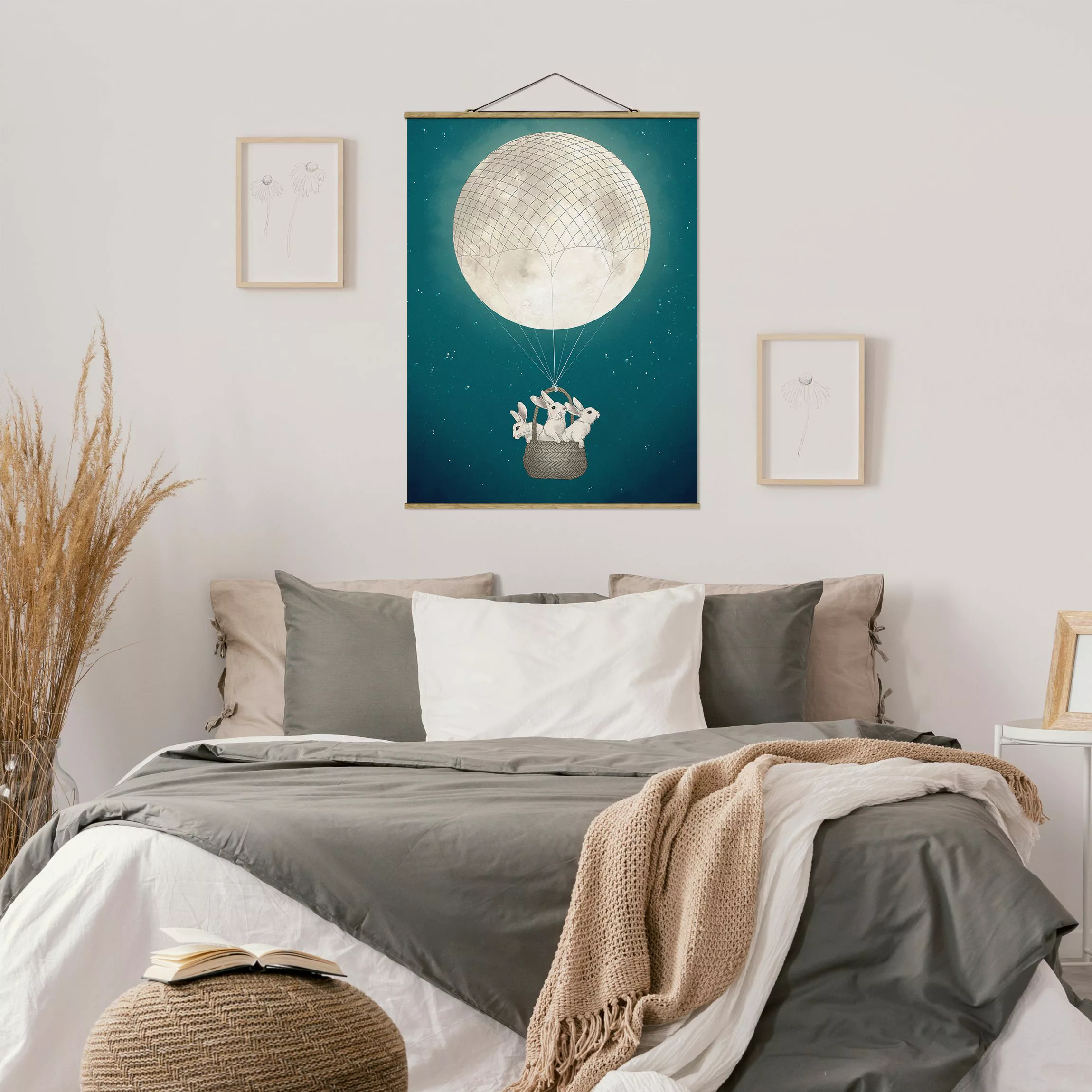 Stoffbild Tiere mit Posterleisten - Hochformat Illustration Hasen Mond-Heiß günstig online kaufen