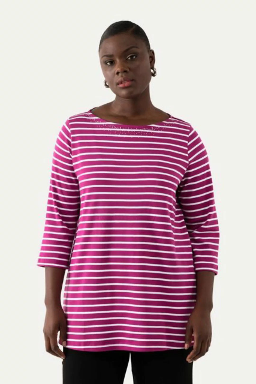 Ulla Popken Rundhalsshirt Ringelshirt Pima Cotton U-Boot-Ausschnitt 3/4-Arm günstig online kaufen