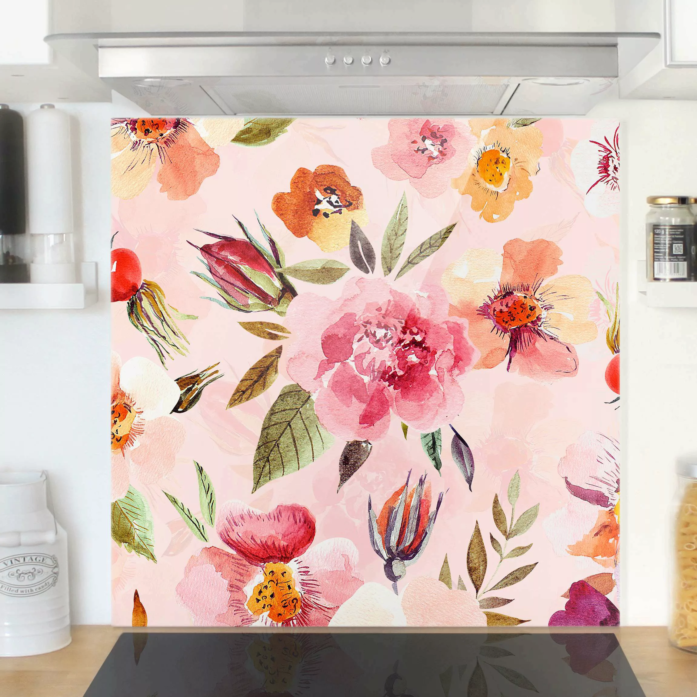 Spritzschutz Aquarellierte Blumen auf Rosa günstig online kaufen