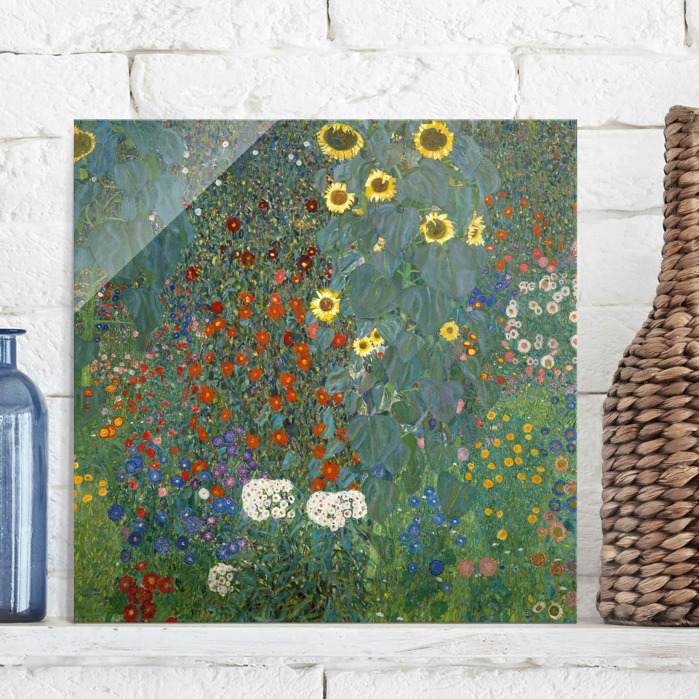 Glasbild Kunstdruck - Quadrat Gustav Klimt - Garten Sonnenblumen günstig online kaufen