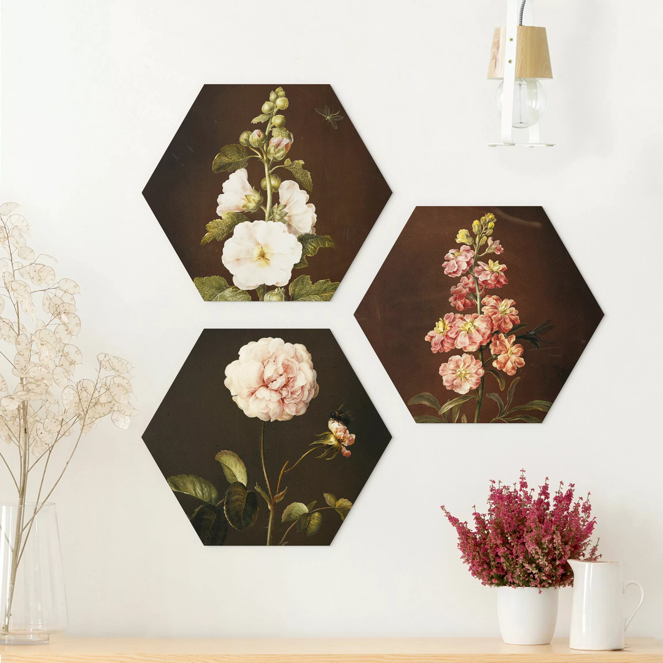 3-teiliges Hexagon-Alu-Dibond Bild Barbara Regina Dietzsch - Rosen und Levk günstig online kaufen