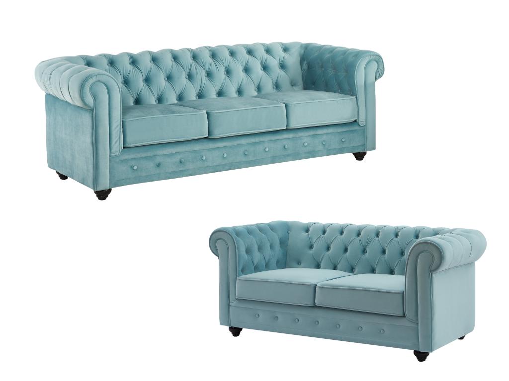 Sofa 3-Sitzer & 2-Sitzer - Samt - Pastellblau - CHESTERFIELD günstig online kaufen