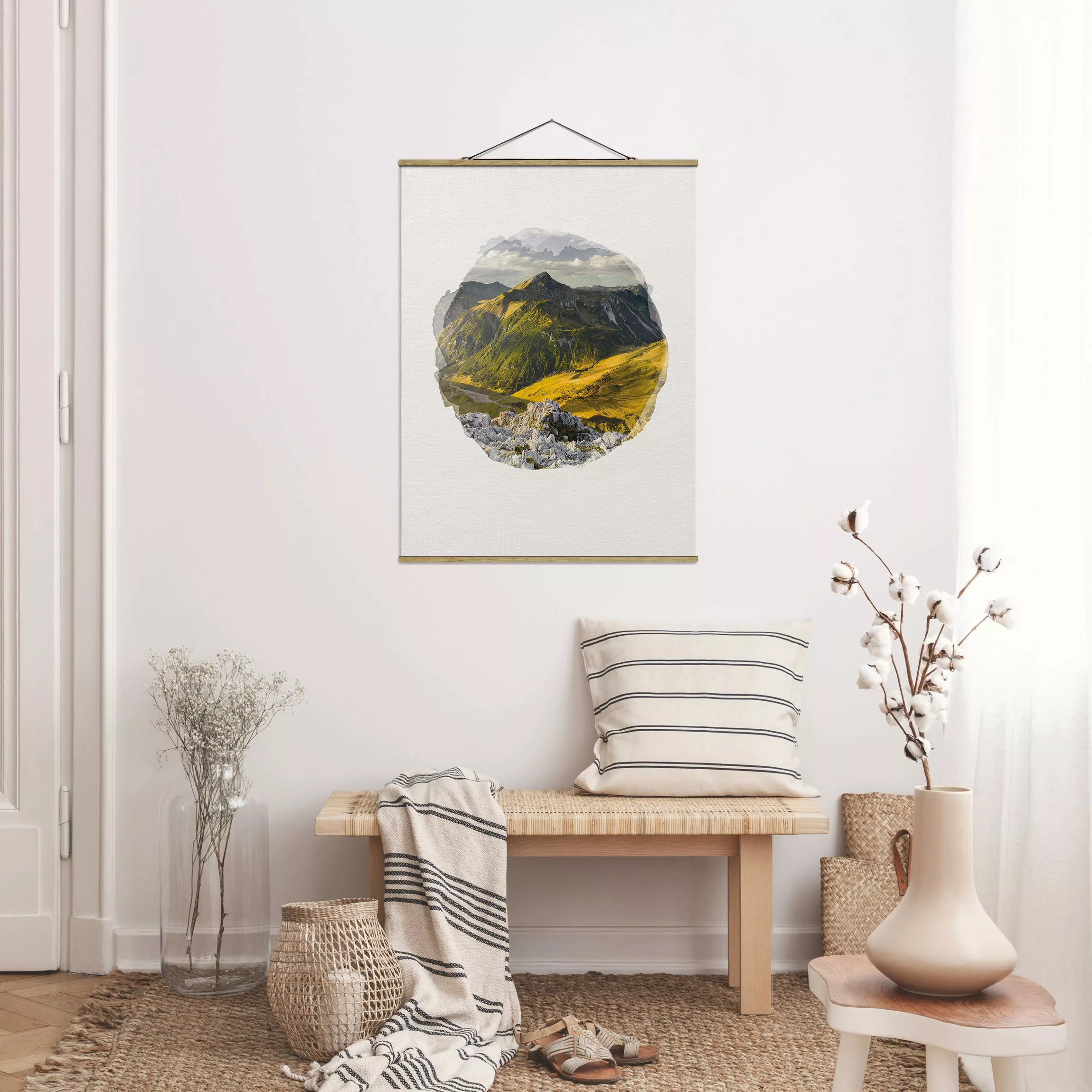 Stoffbild Berge mit Posterleisten - Hochformat Wasserfarben - Berge und Tal günstig online kaufen