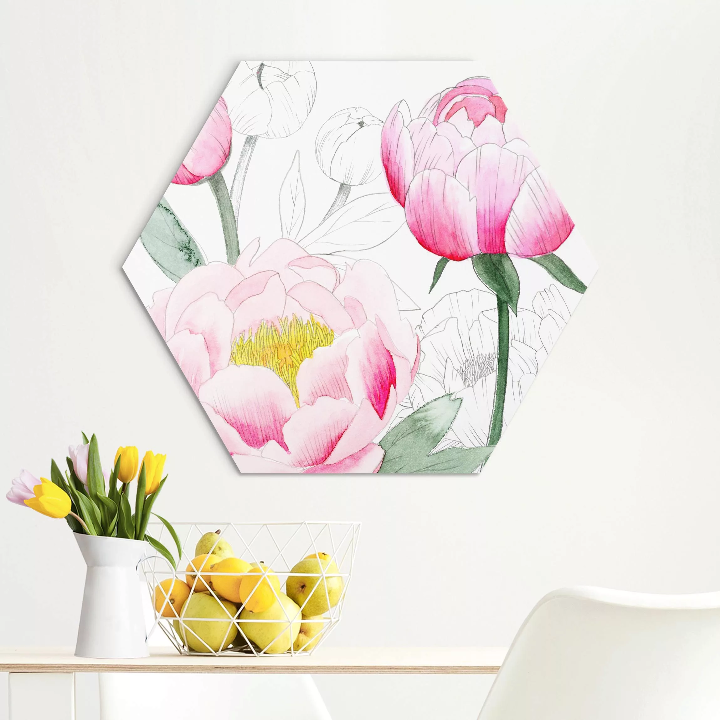 Hexagon-Alu-Dibond Bild Zeichnung Rosa Päonien II günstig online kaufen