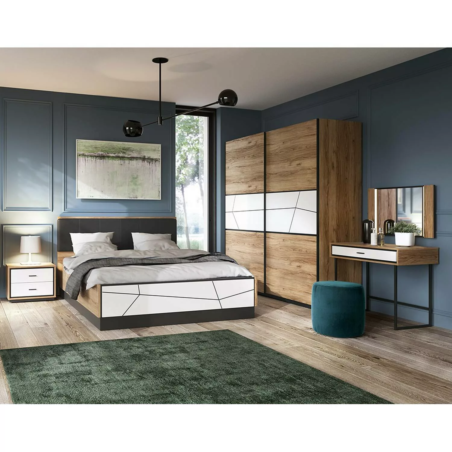 Schlafzimmer Set mit Bettgestell 145 cm BRISTOL-129 in Catania Eiche Nb. mi günstig online kaufen