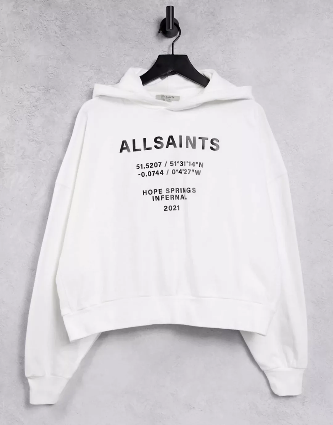 AllSaints – Kapuzenpullover mit Logo in Weiß günstig online kaufen