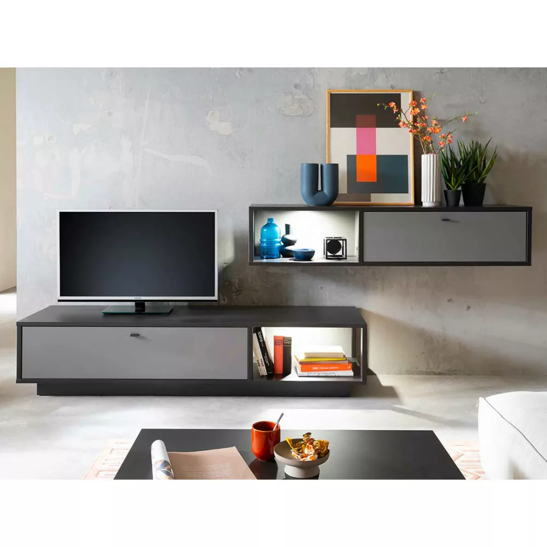 Graue TV Wohnwand in modernem Design 50 cm tief (zweiteilig) günstig online kaufen