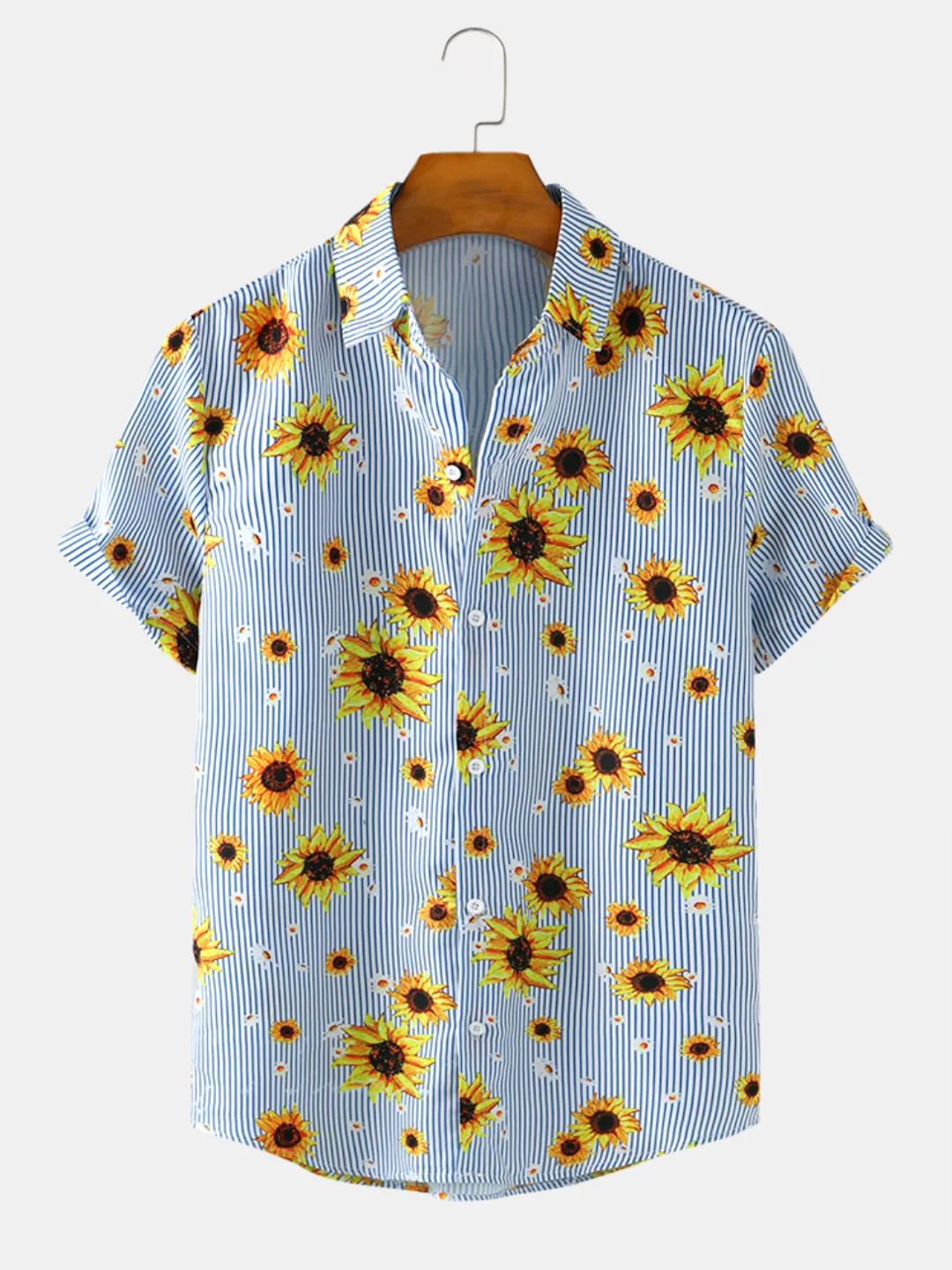 Mens Sunflower & Stripe Print Lässige leichte Kurzarm-Sommerhemden günstig online kaufen