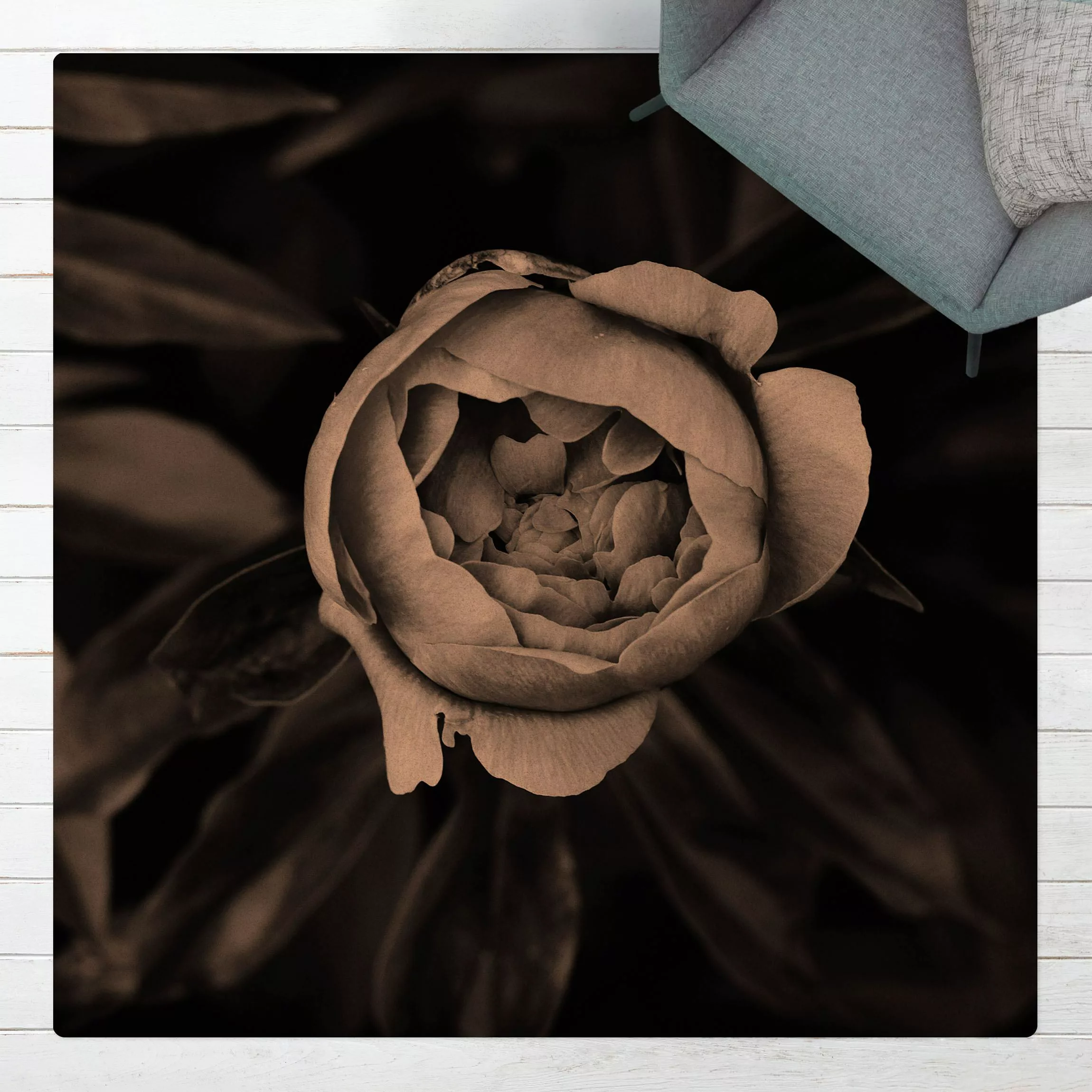 Kork-Teppich Pfingstrosenblüte vor Blättern Schwarz-Weiß günstig online kaufen