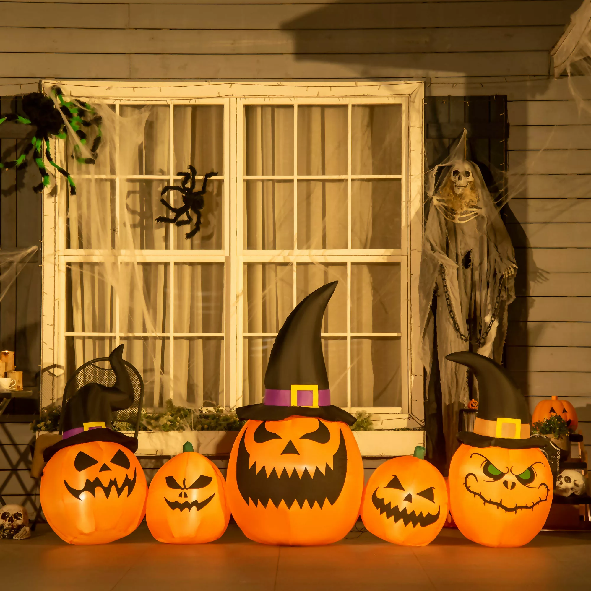 HOMCOM Gartendekoration Halloween Deko Set Aufblasbarer Kürbis mit Hexenhut günstig online kaufen