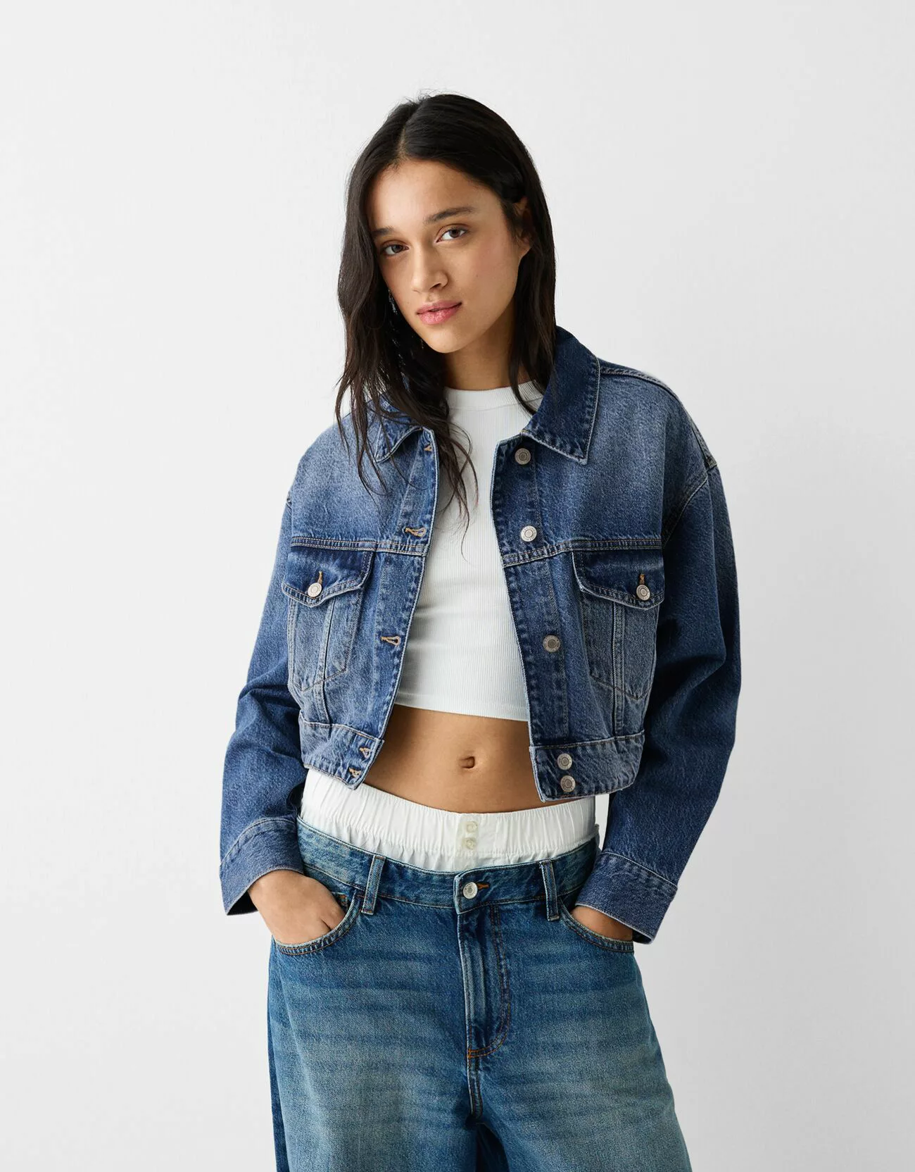 Bershka Cropped-Jeansjacke Damen M Blau günstig online kaufen