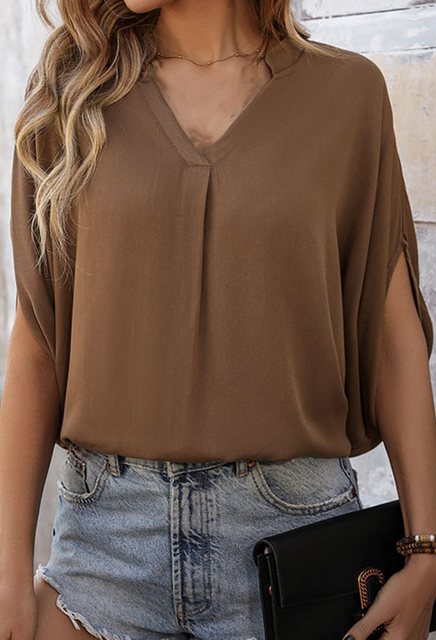 CHENIN T-Shirt Damen Bluse Chiffon Elegant V-Ausschnitt Bell Sleeve Flederm günstig online kaufen