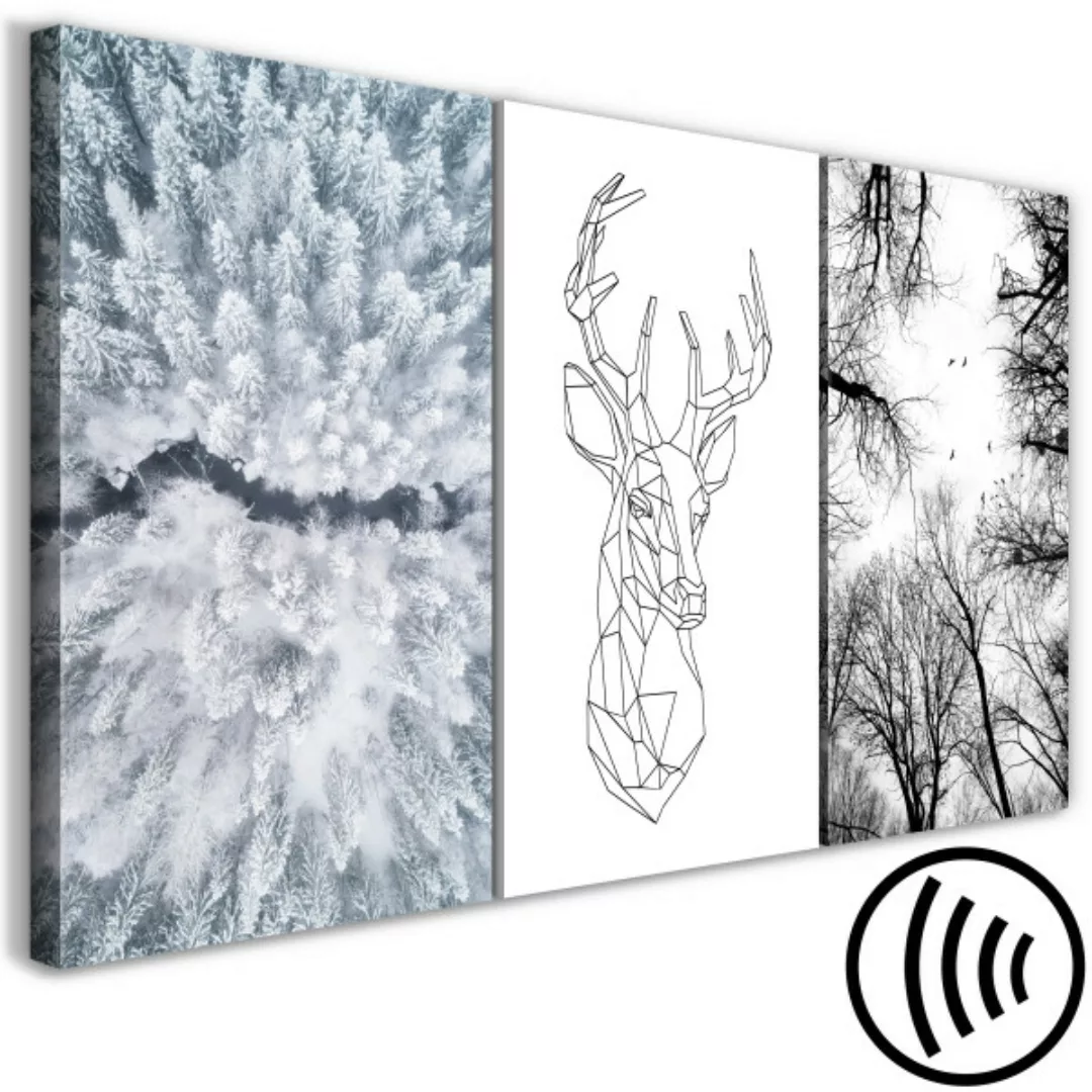 Bild auf Leinwand Winter Triptychon - geometrische Hirsche und schneebedeck günstig online kaufen