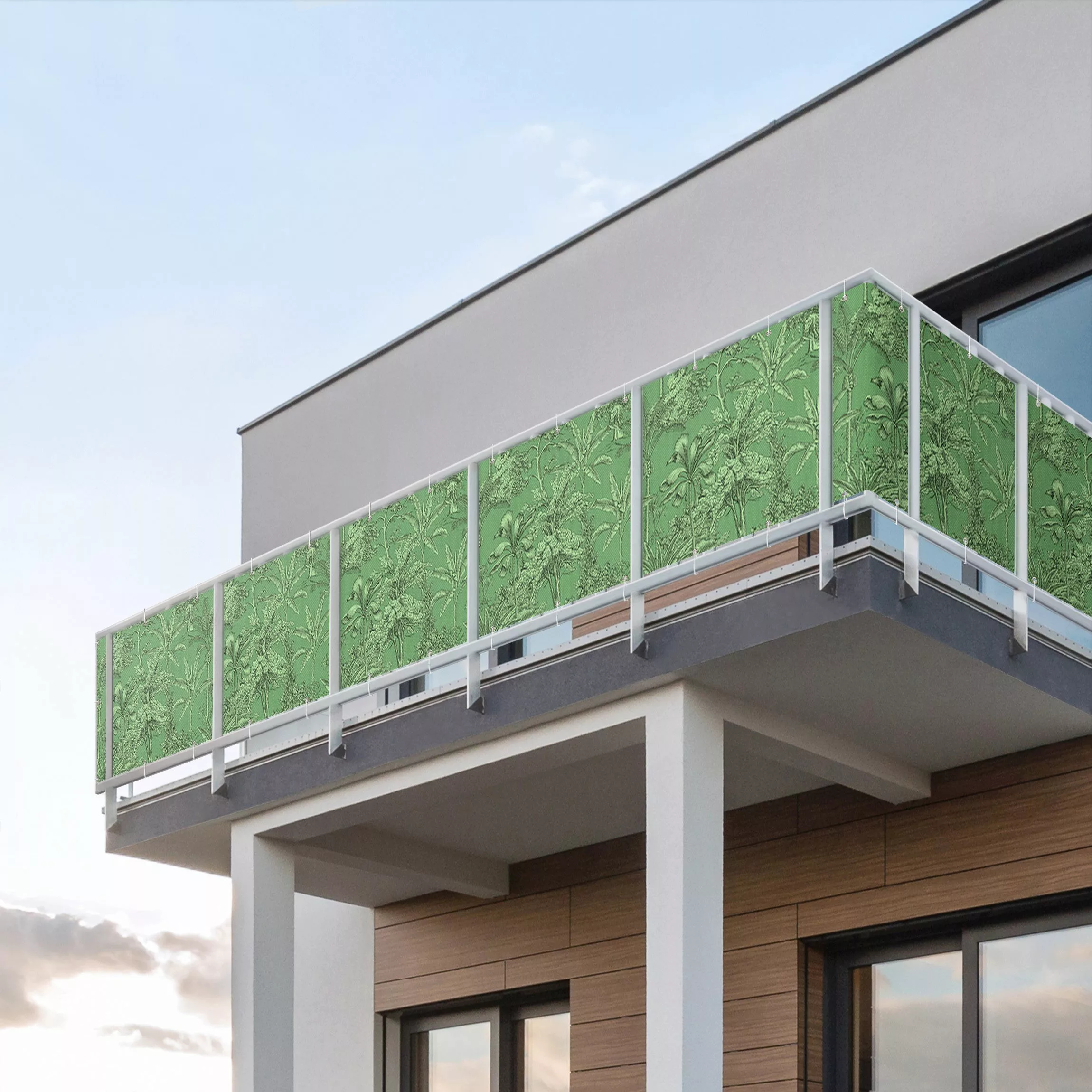 Balkon Sichtschutz Kupferstichanmutung - Tropische Palmen in Grün günstig online kaufen