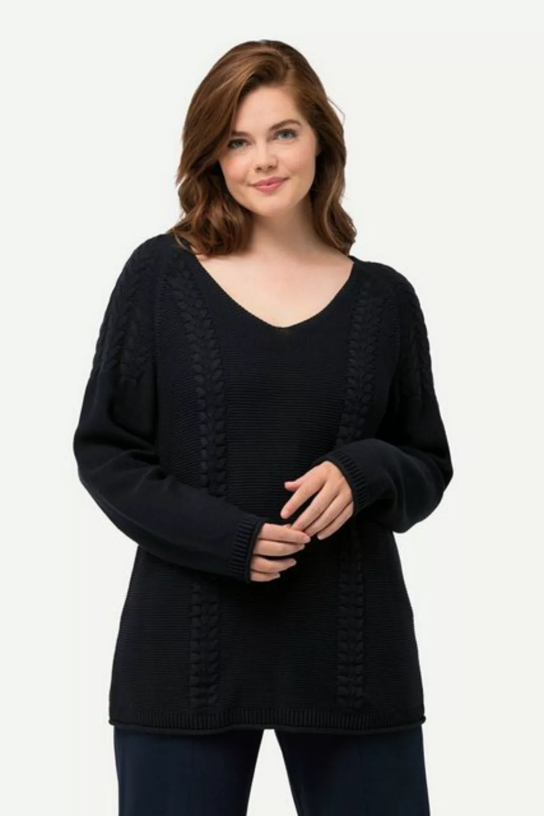 Ulla Popken Strickpullover Pullover Zopfmuster V-Ausschnitt Langarm günstig online kaufen