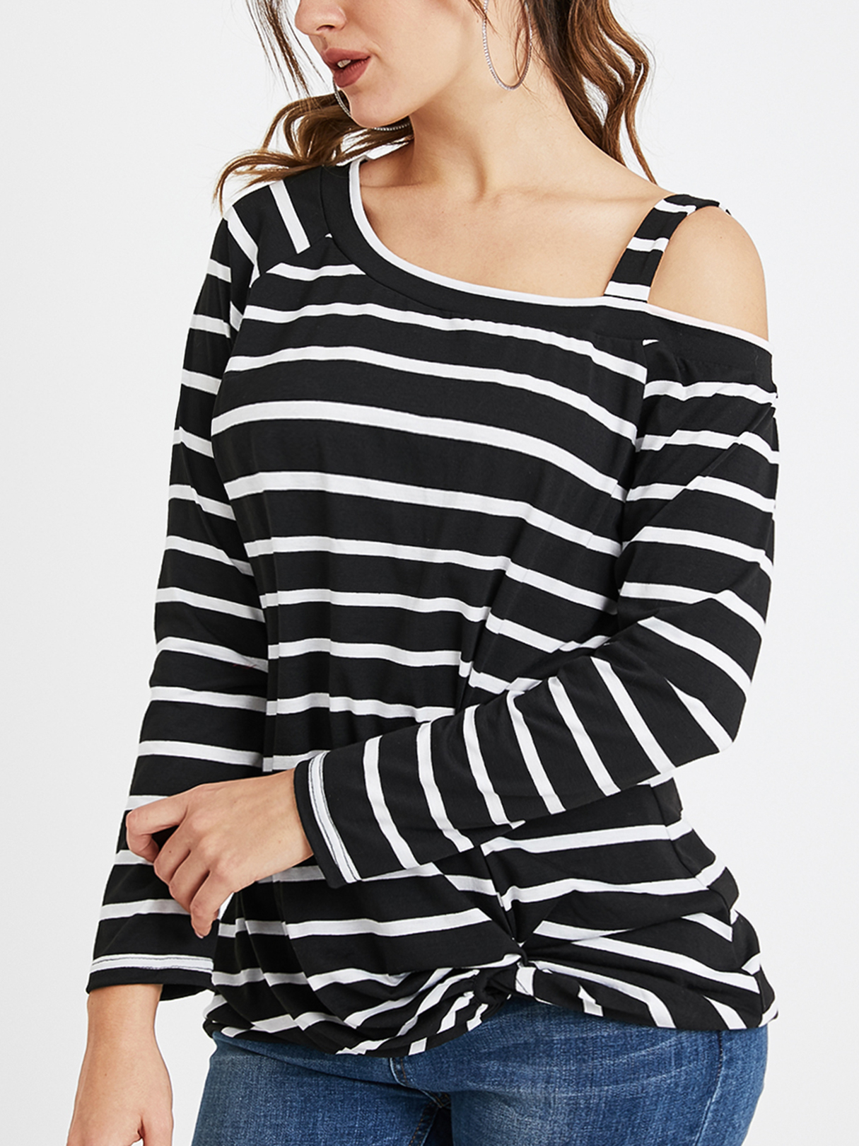 YOINS Gestreiftes Cold Shoulder Twist Tee günstig online kaufen