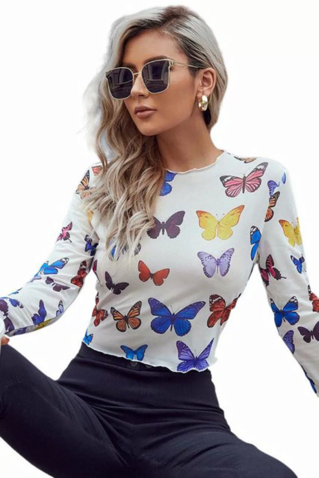 ZWY Blusentop Sexy Netz-Langarm-T-Shirt mit Schmetterlingsmuster günstig online kaufen