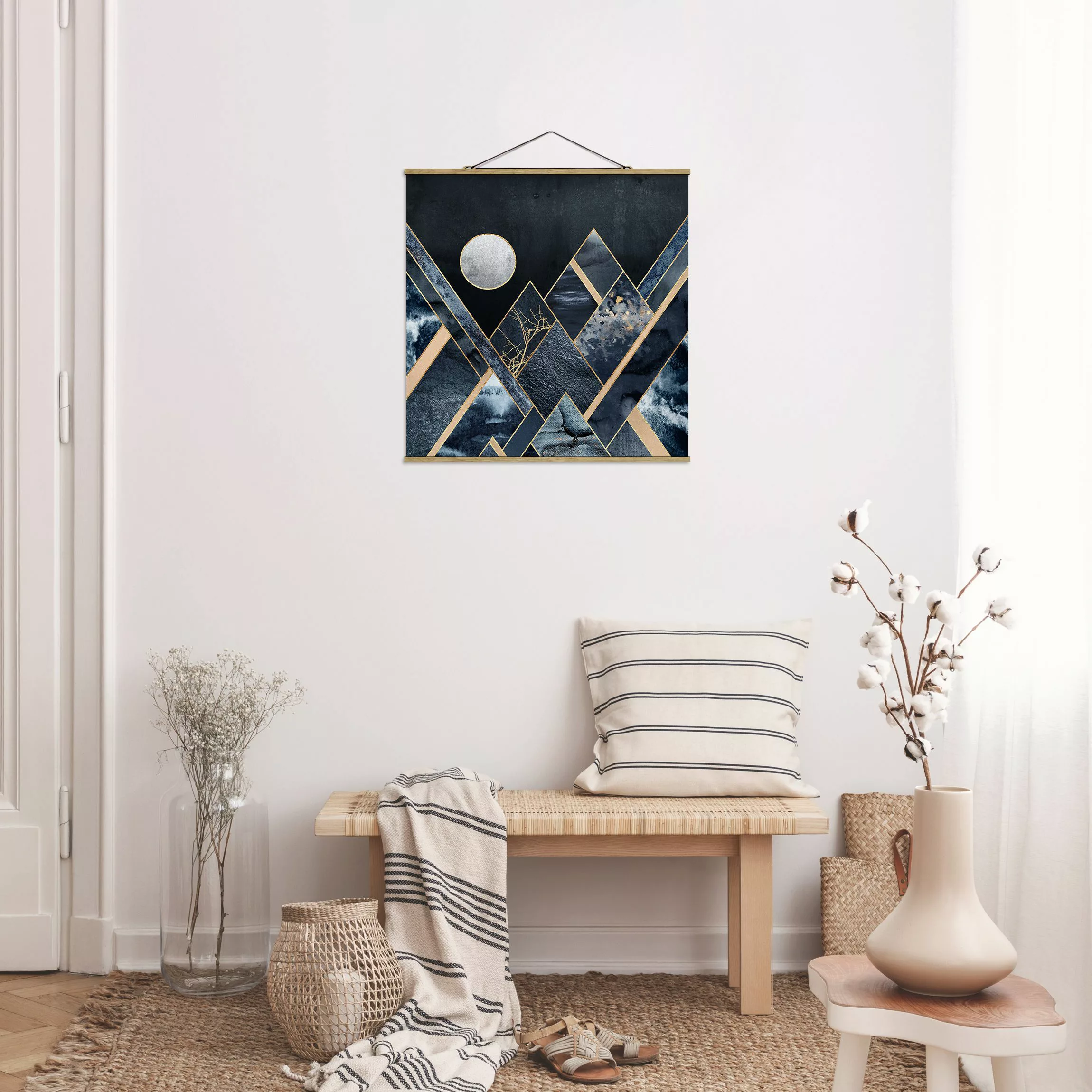 Stoffbild Abstrakt mit Posterleisten - Quadrat Goldener Mond abstrakte schw günstig online kaufen