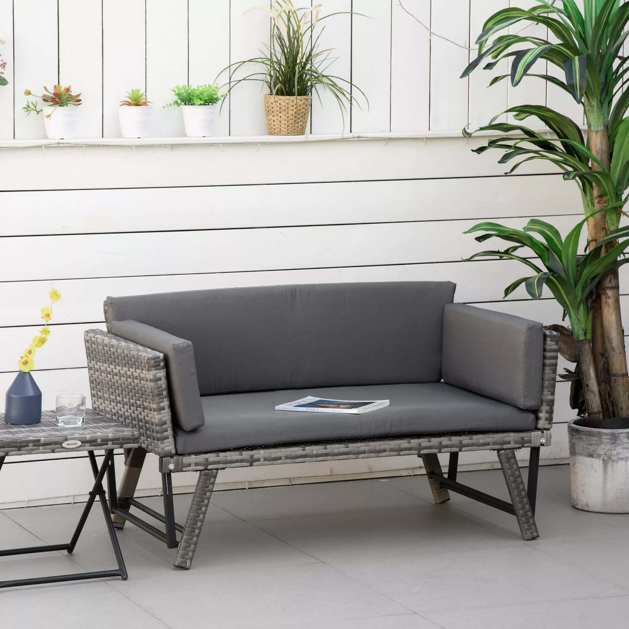 Outsunny Polyrattan Gartensofa 2-Sitzer  Loungesofa in Grau, klappbare Arml günstig online kaufen