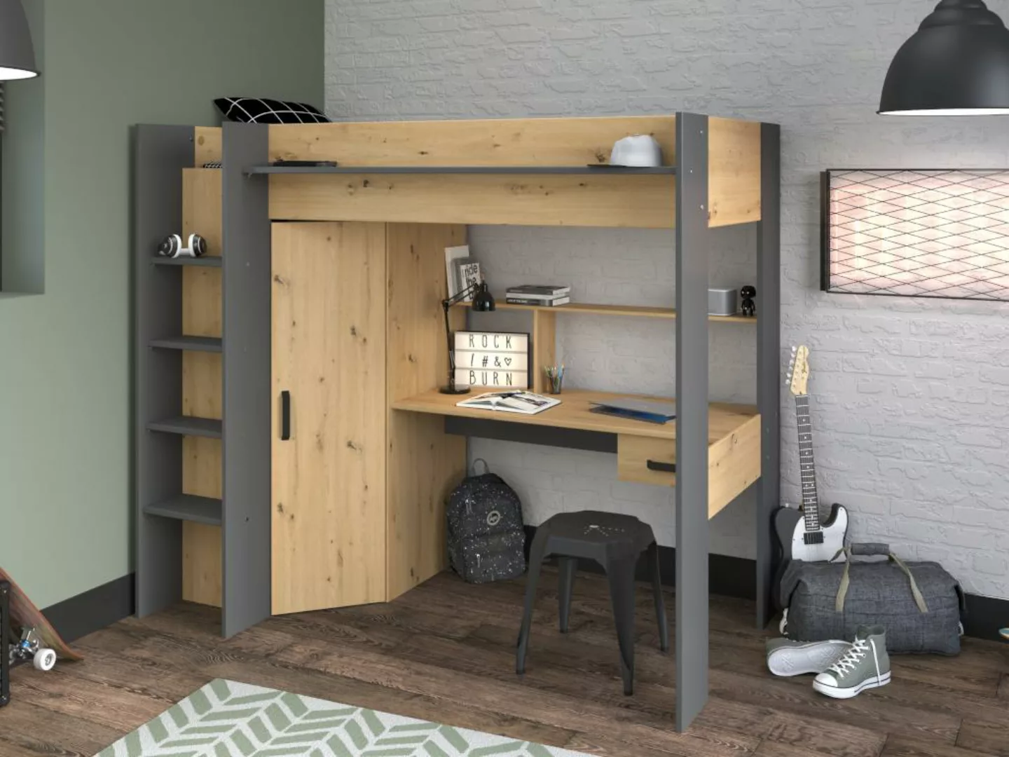 Hochbett mit Schreibtisch & Kleiderschrank - 90 x 200 cm - Weiß & Naturfarb günstig online kaufen