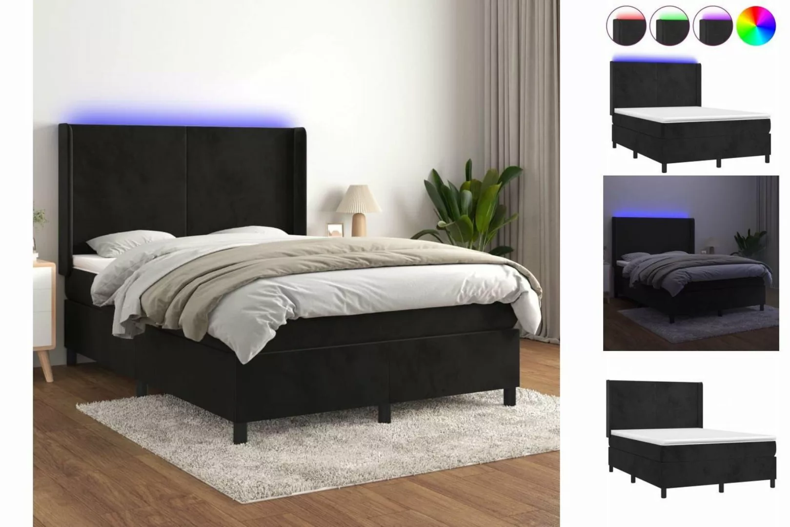 vidaXL Bettgestell Boxspringbett mit Matratze LED Schwarz 140x200 cm Samt B günstig online kaufen