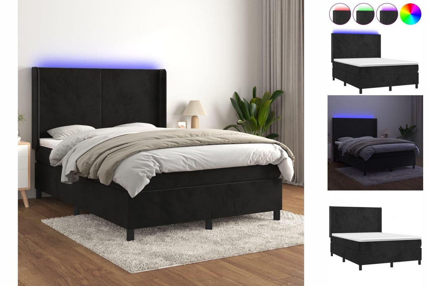 vidaXL Boxspringbett Boxspringbett mit Matratze LED Schwarz 140x200 cm Samt günstig online kaufen