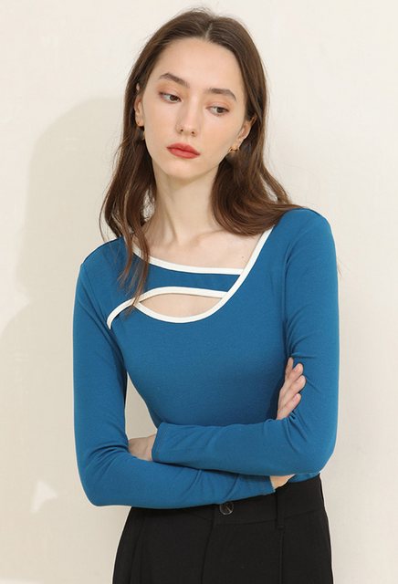 CHENIN Langarmhemd Damen Premium Langarm Damen unregelmäßiger Rundhalsaussc günstig online kaufen