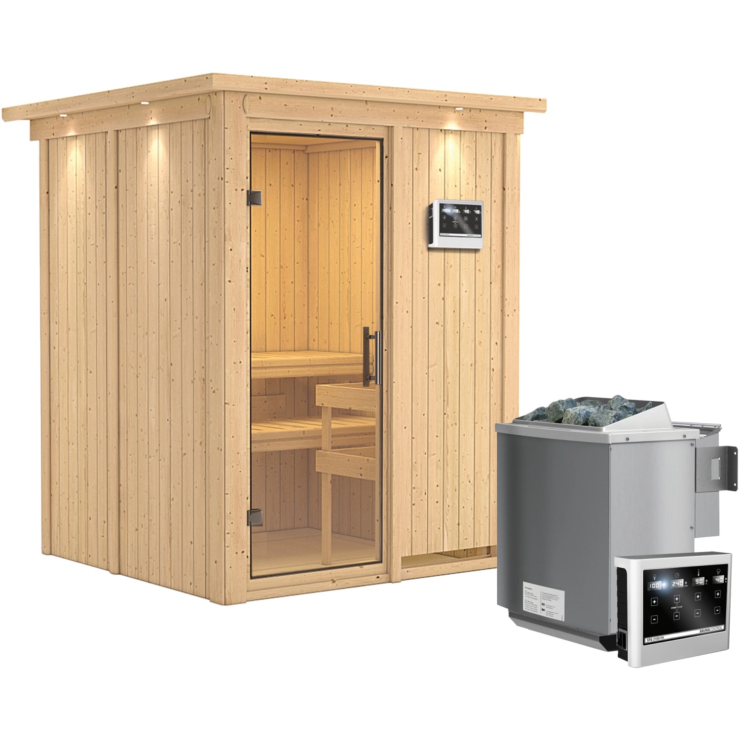 Karibu Sauna Norna, Bio Ofen, externe Steuerung Easy, Glastür, LED-Dachkran günstig online kaufen