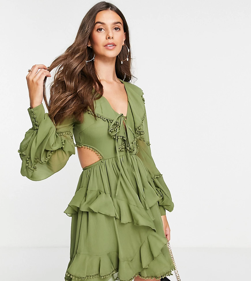 ASOS DESIGN Tall – Minikleid aus Chiffon mit Volants in Khaki-Grün günstig online kaufen