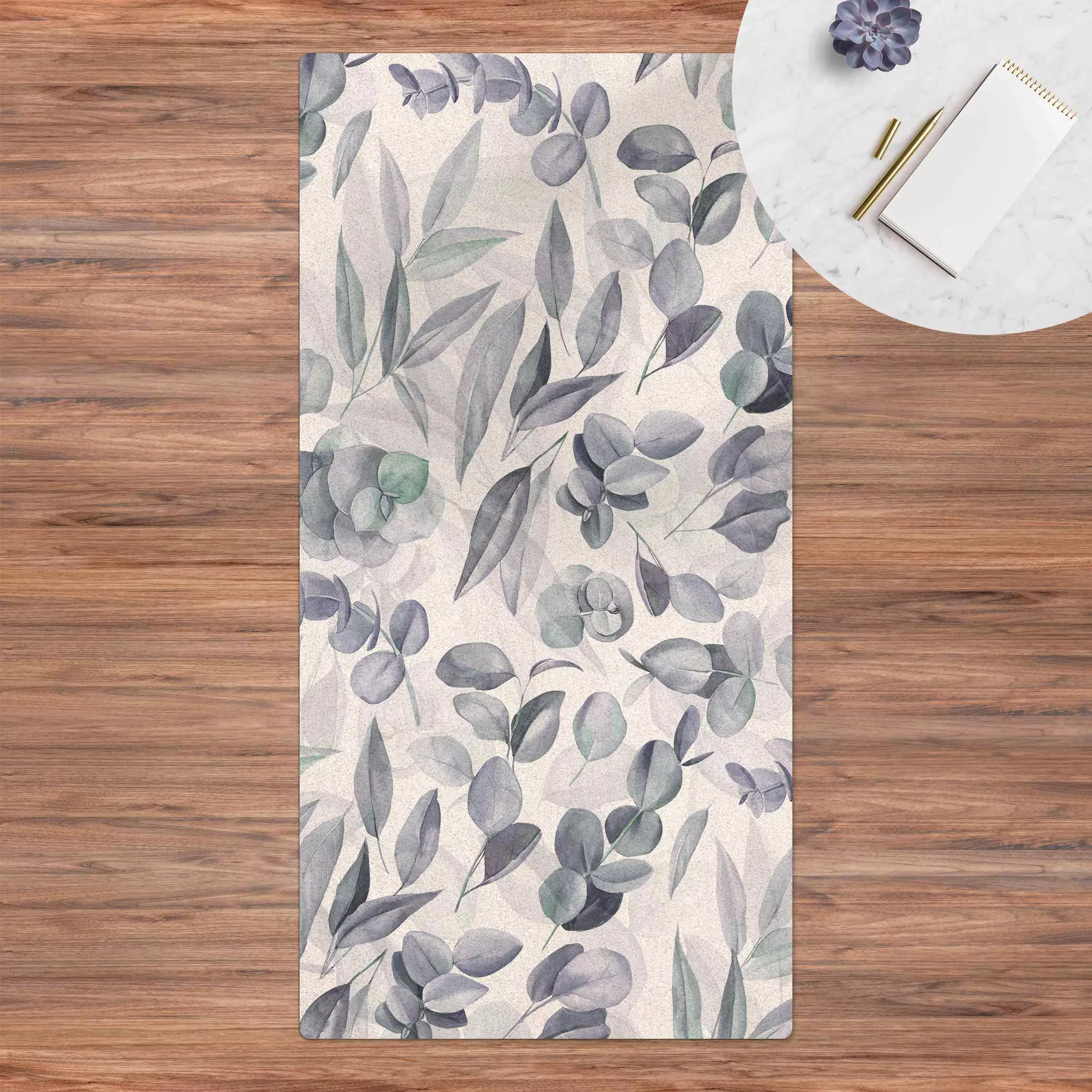 Kork-Teppich Blaue Eukalyptus Aquarellblätter günstig online kaufen