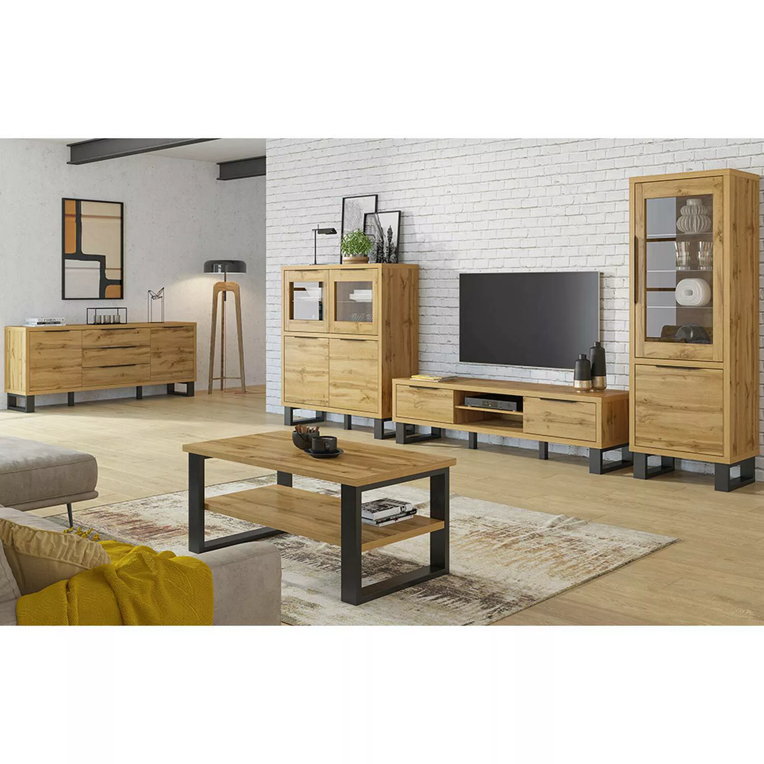 Wohnwand inkl. Couchtisch und Sideboard HENDERSON-83 in Wotan Eiche Nb., B/ günstig online kaufen